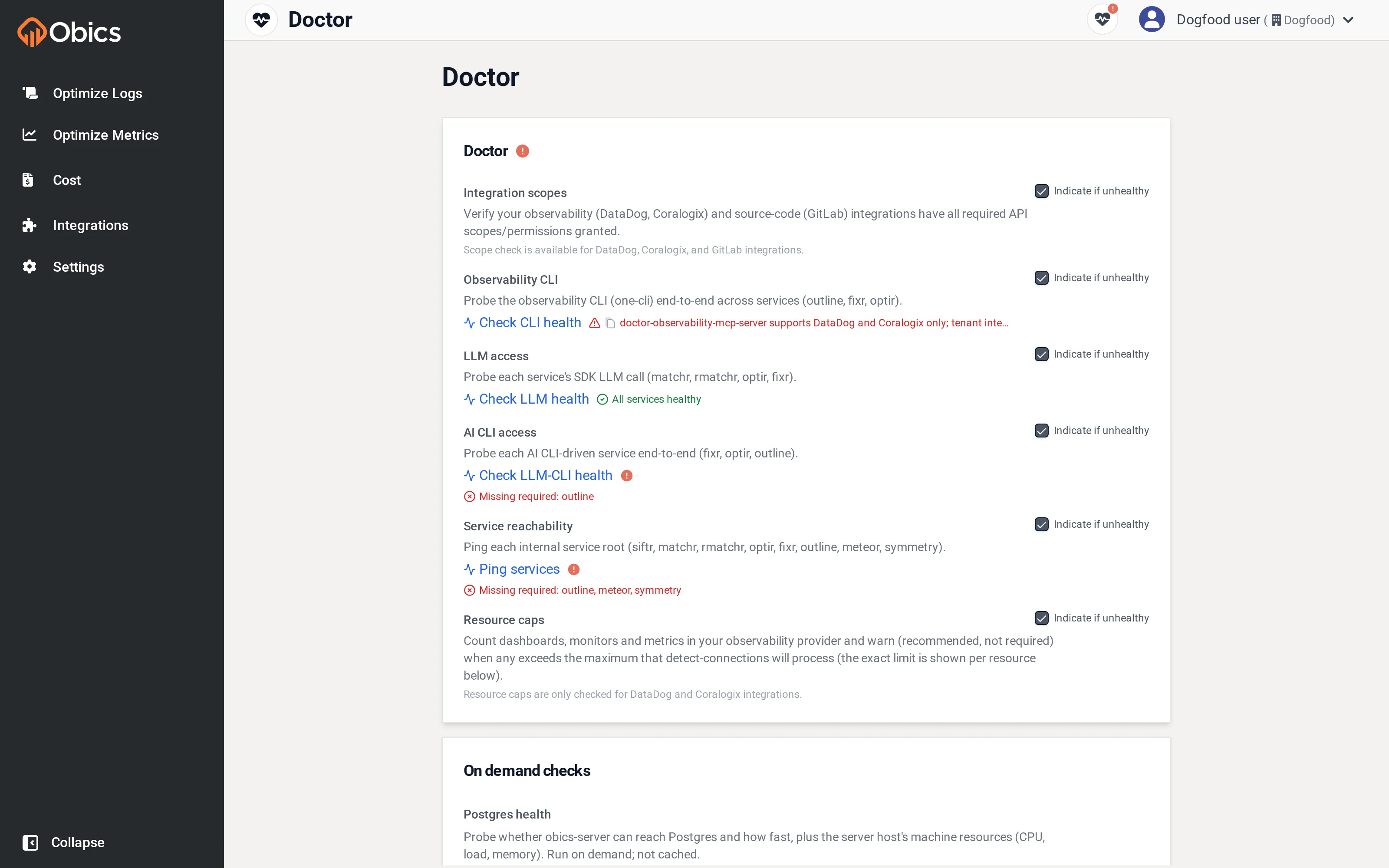 The Doctor page running health checks across integrations and services