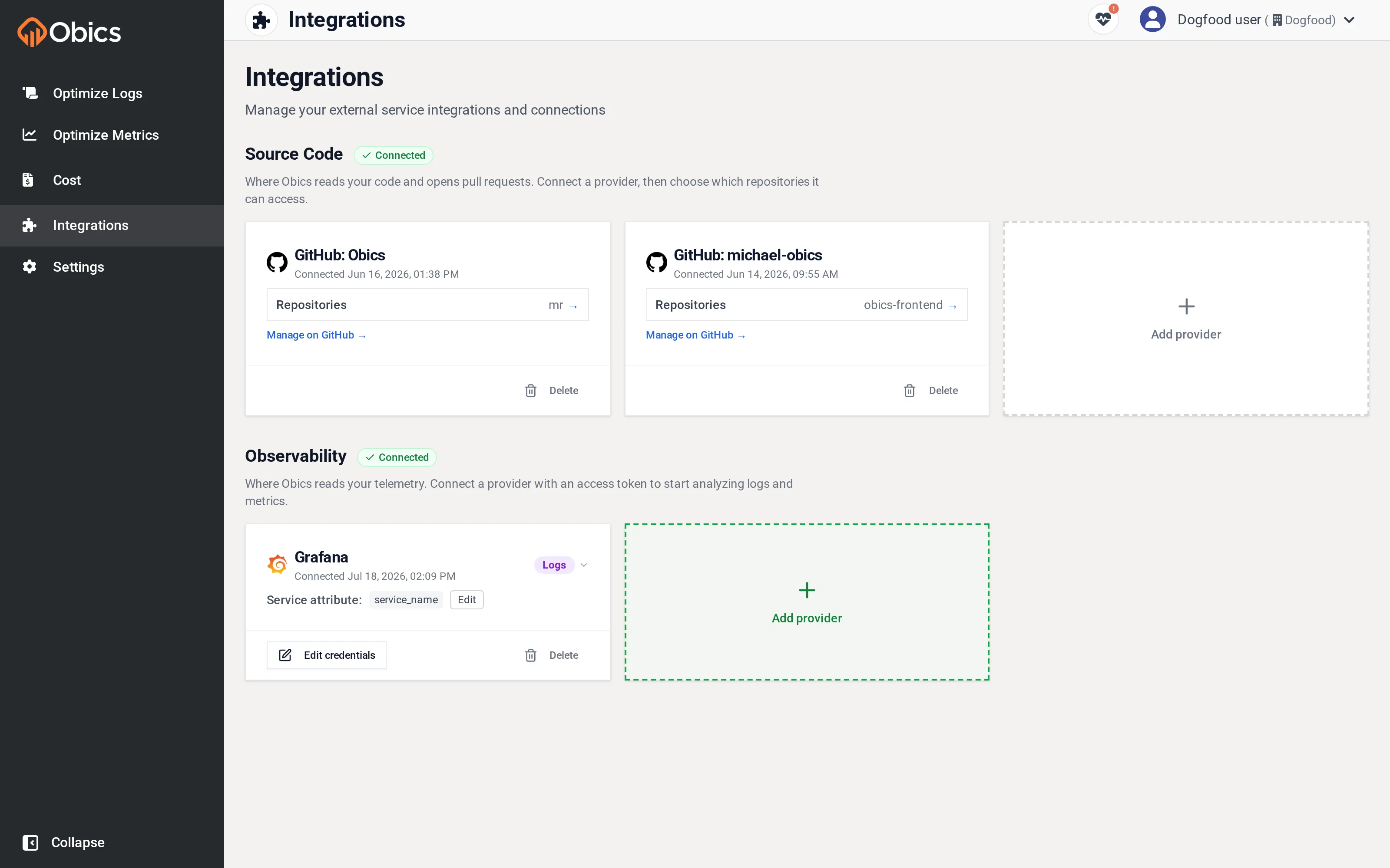 The Integrations page, with Source Code and Observability sections
