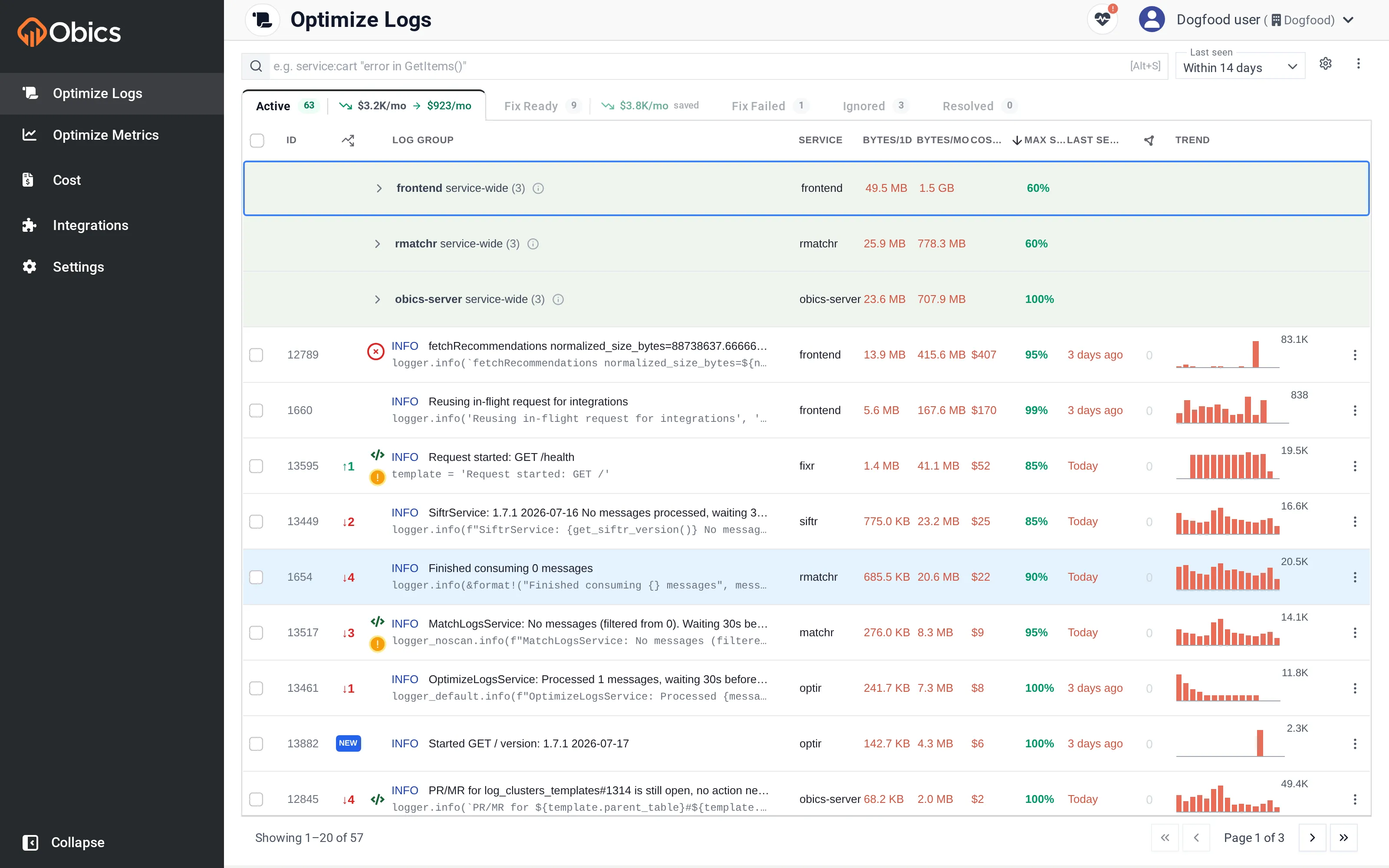 The Obics logs view, ranking log groups by monthly cost