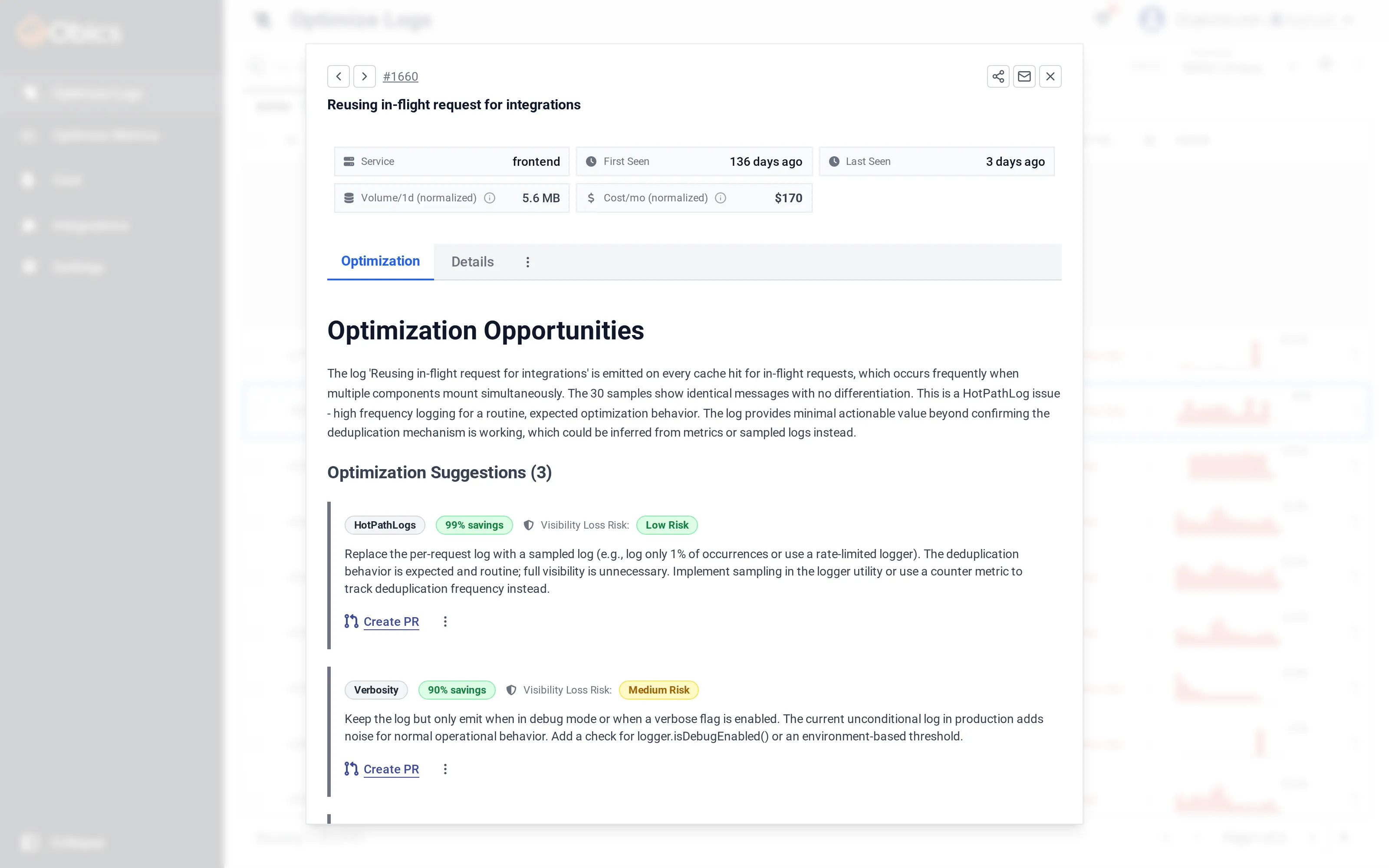 A log group detail popup showing Optimization Opportunities and ranked suggestions