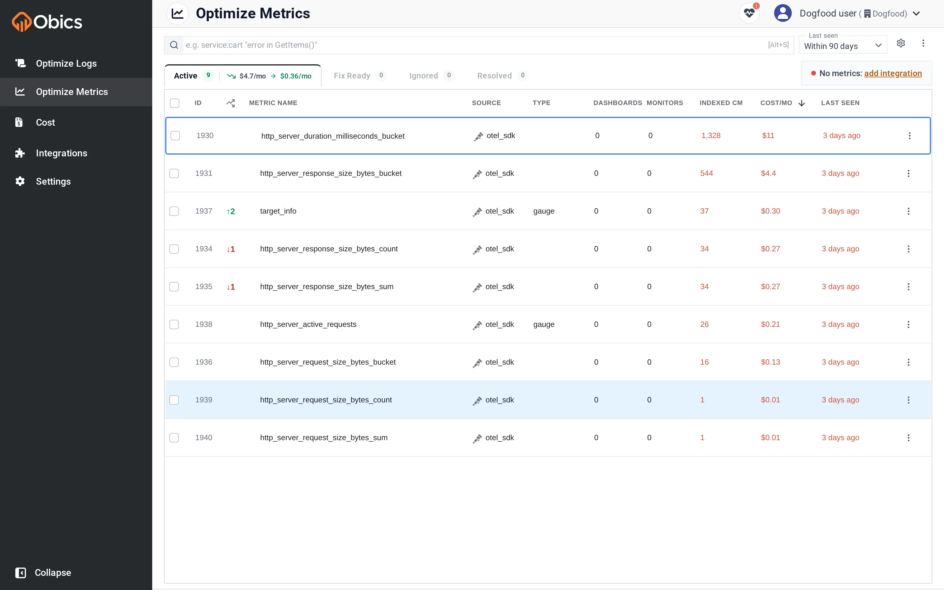 The Optimize Metrics page, ranking metrics by cost with source and cardinality columns