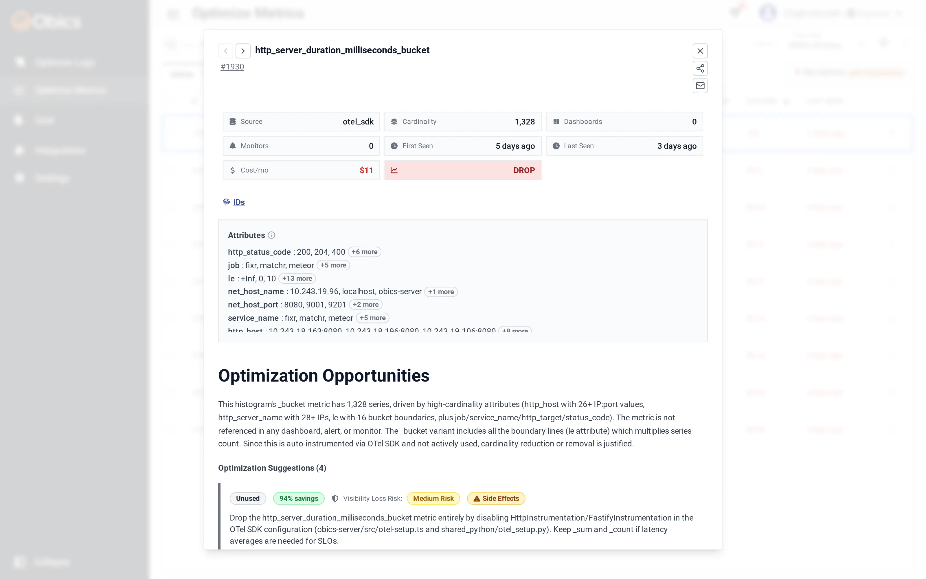 A metric detail popup showing the DROP verdict, tag cardinality breakdown and an Unused suggestion