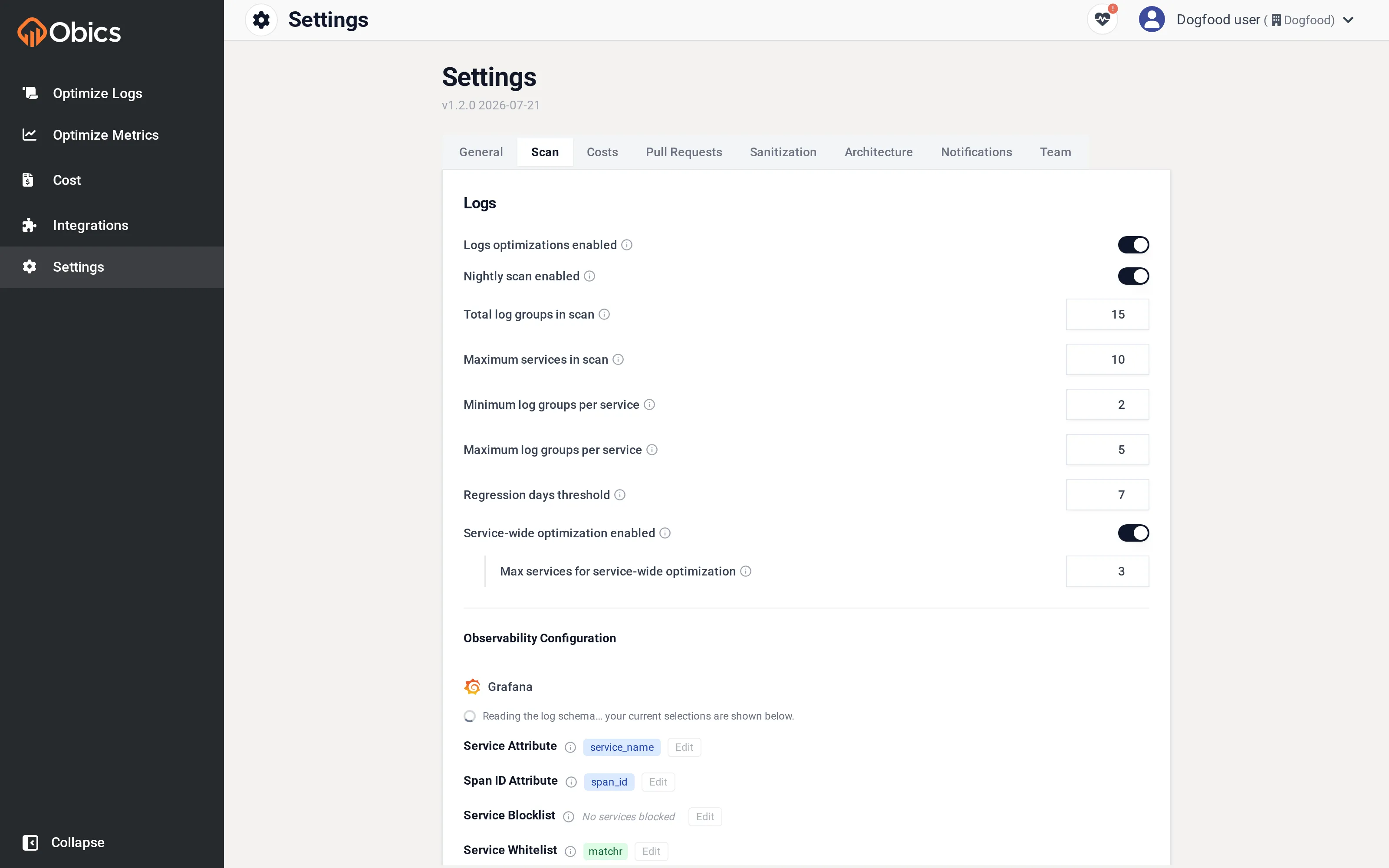 The Settings page on the Scan tab, showing scan toggles and scope limits